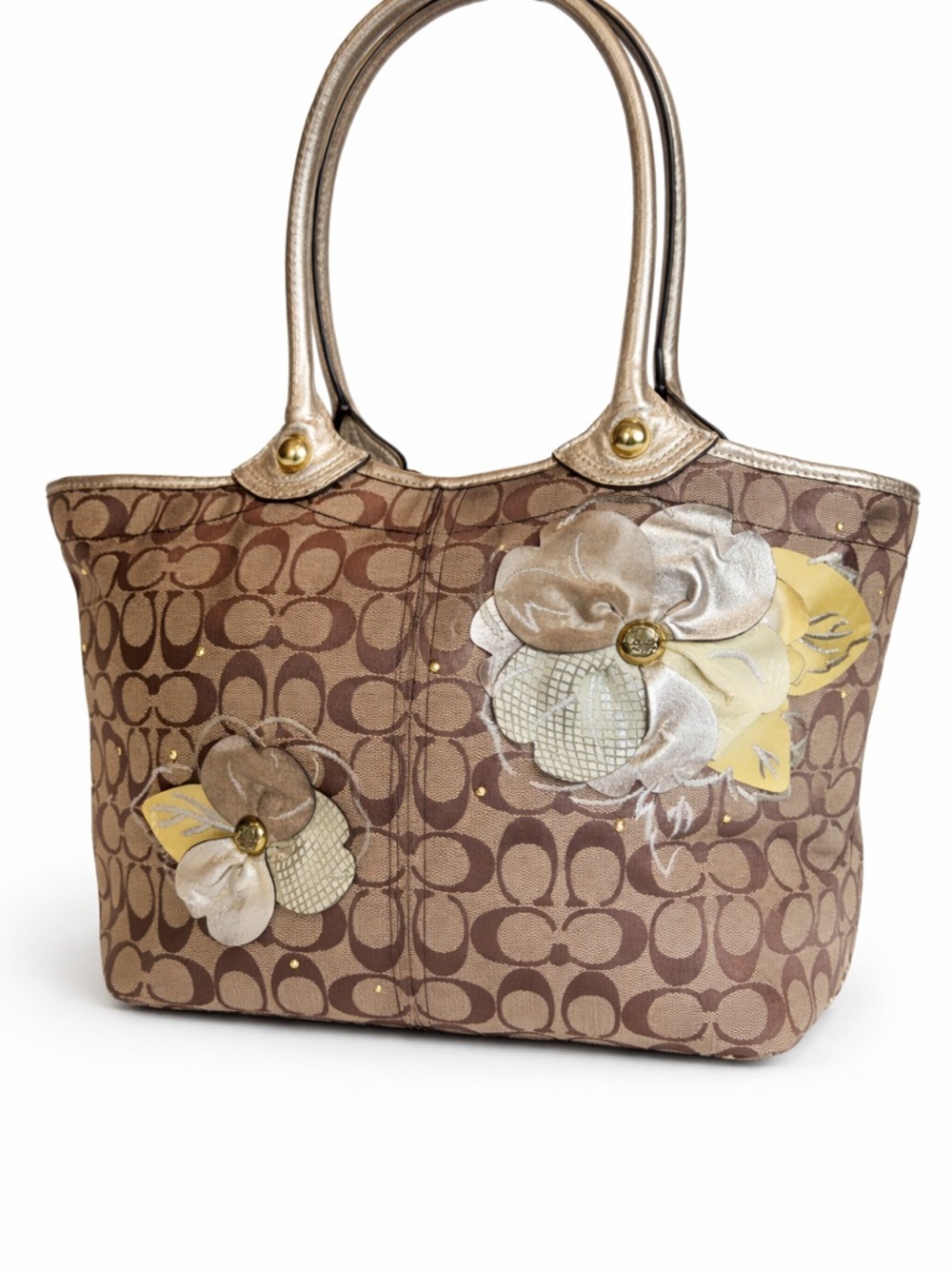 Coach Brown Signature Canvas Tote with Floral  and Metallic Trim vintage y2k